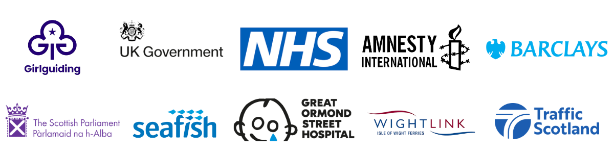 Client logos: Girl Guides, UK Government, NHS, Amnesty International, Barclays, The Scottish Parliament, Seafish, Great Ormond Street Hospital, Wightlink Ferries, Traffic Scotland