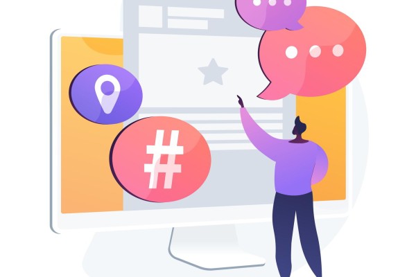 A person points at a large computer screen displaying social media icons such as chat bubbles, a location pin, and a hashtag symbol. The backdrop is white with abstract shapes in soft colors, illustrating social media interaction and online communication.