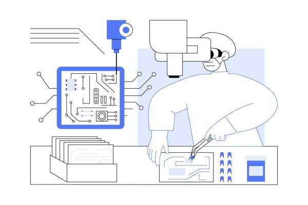 A graphic illustration shows a person in lab attire using tools to work on a microchip at a lab bench. A microscope hovers over the work area, and a camera-like device points at a circuit board diagram. A stack of papers and a small screen are also on the bench.