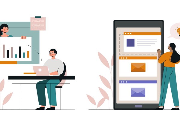 An illustration of two people engaging in activities. On the left, a person sitting at a desk with a laptop is viewing a presentation by another person holding a chart with bar graphs. On the right, a person interacts with a giant smartphone displaying emails.
