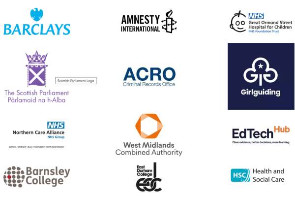 Our clients logos: Barclays, Amnesty International, Great Ormond Street,  Scottish Parliament, ACRO, Girlguiding, West Midlands Combined Authority, EdTech Hub, Barnsley College, HSC,  East Durham,