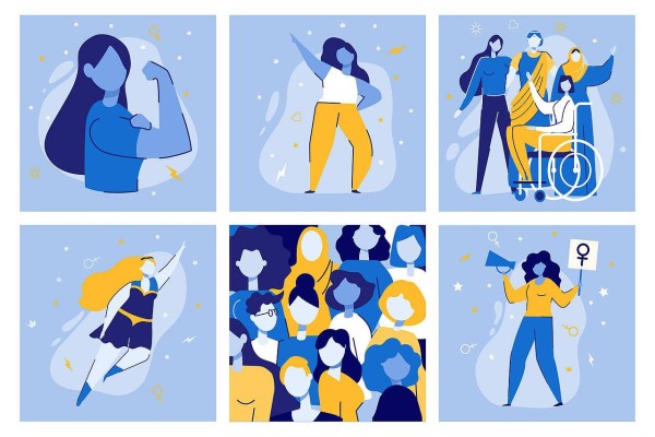 A collage of six illustrations shows empowered women in various poses and activities. Women are depicted flexing muscles, dancing, in groups, in a wheelchair with friends, celebrating, and holding a gender equality symbol. The color scheme features blue and yellow tones.