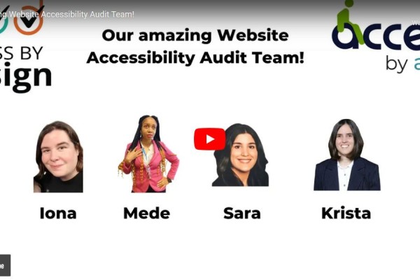 The Access by Design Website Accessibility Audit Team: Krista (Superpower: Blind, Weapon: JAWs Screen Reader),  Mede (Superpower: Blind, Weapon: JAWs Screen Reader),  Iona (Superpower: Cannot use hands, Weapon: Dragon Dictation),  Sara (Superpower: Neurodivergent, Weapon: Dark Mode)