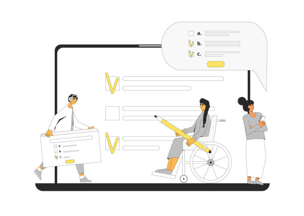 Diverse individuals use a laptop displaying large online survey forms, engaging with the content together on the screen.