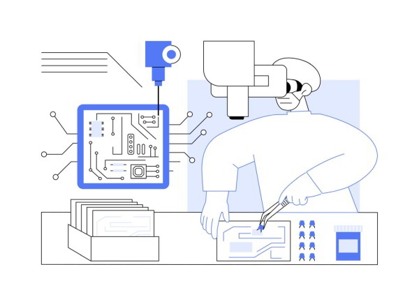 A graphic illustration shows a person in lab attire using tools to work on a microchip at a lab bench. A microscope hovers over the work area, and a camera-like device points at a circuit board diagram. A stack of papers and a small screen are also on the bench.