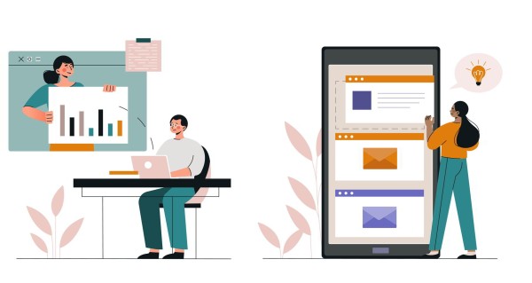 An illustration of two people engaging in activities. On the left, a person sitting at a desk with a laptop is viewing a presentation by another person holding a chart with bar graphs. On the right, a person interacts with a giant smartphone displaying emails.