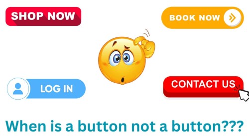  website buttons, Shop Now, Book Now, Log In, Contact Us, are positioned around a cartoon of a confused face, scratching its head. Text below reads 