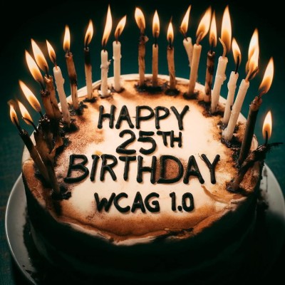 A birthday cake with the words 'Happy 25th Birthday WCAG 1.0' written on it. The cake has candles that are burnt down, bent and broken