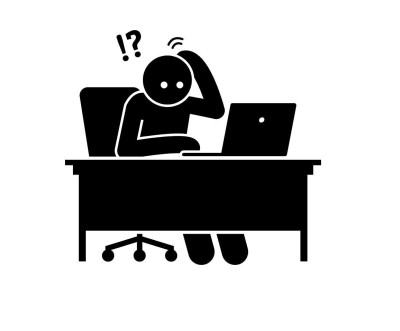 Cartoon figure looking at a laptop, scratching his head and looking very confused