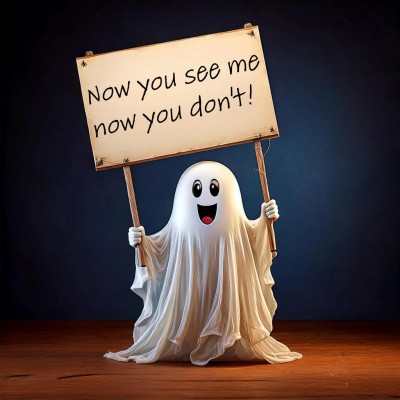 a cartoon of a friendly ghost who is holding up a sign. Text reads now you see me, now you don’t