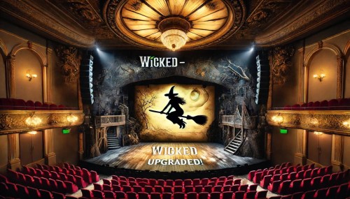 Interior of a grand theatre, focusing on the stage where a musical is in full swing. The theatre features plush red seats and an ornate proscenium arch framing the stage. On stage, a witch dressed in black is dynamically flying across on a broomstick. The backdrop of the set includes an enchanted forest, illuminated by dramatic stage lighting that casts expressive shadows. Across the image are the words Wicked - Upgraded!