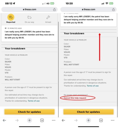 2 screenshots of the AA breakdown mobile website, containing the details of the car breakdown. The right-hand one was taken when the screen was pulled up, showing the extra text “No longer need assistance?” and the following link, in red: “Cancel this help request