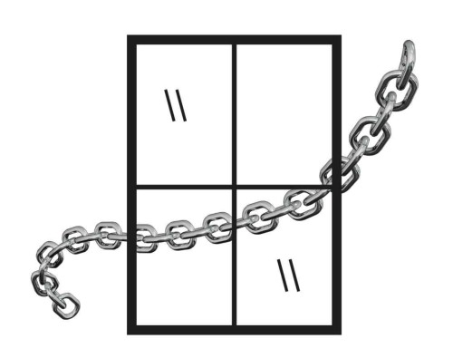 A window with a large chain across it.