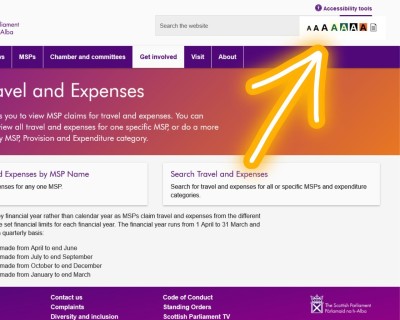 Scottish Parliament Website Expenses Tool Page. A large arrow is pointing to the opened accessibility toolbar