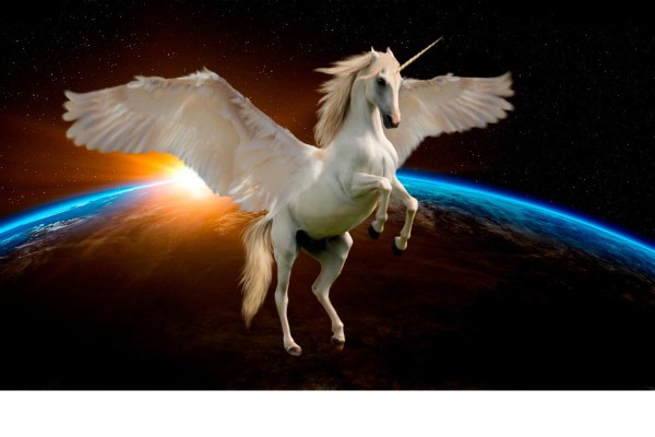 A beautiful unicorn with its wings outstretched is flying in space. The earth is in the background and the sunlight is creeping over the top.
