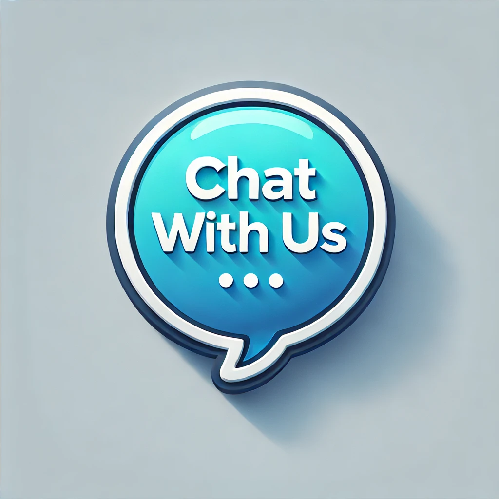 Blue speech bubble icon with "Chat With Us..." text on a light gray background.