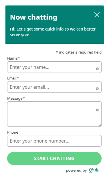 Chat window form with fields for name, email, message, and phone number, plus a "Start Chatting" button.