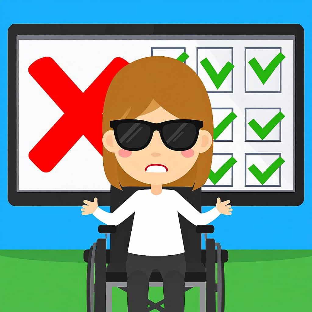 Cartoon-style character looking cross surrounded by green ticks with a big red X across the screen, representing website accessibility design failure