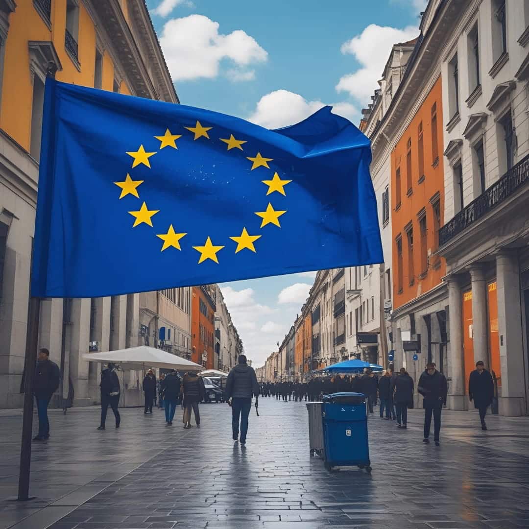 European Accessibility Act EU flag waving on a city street with people walking and historic buildings on both sides